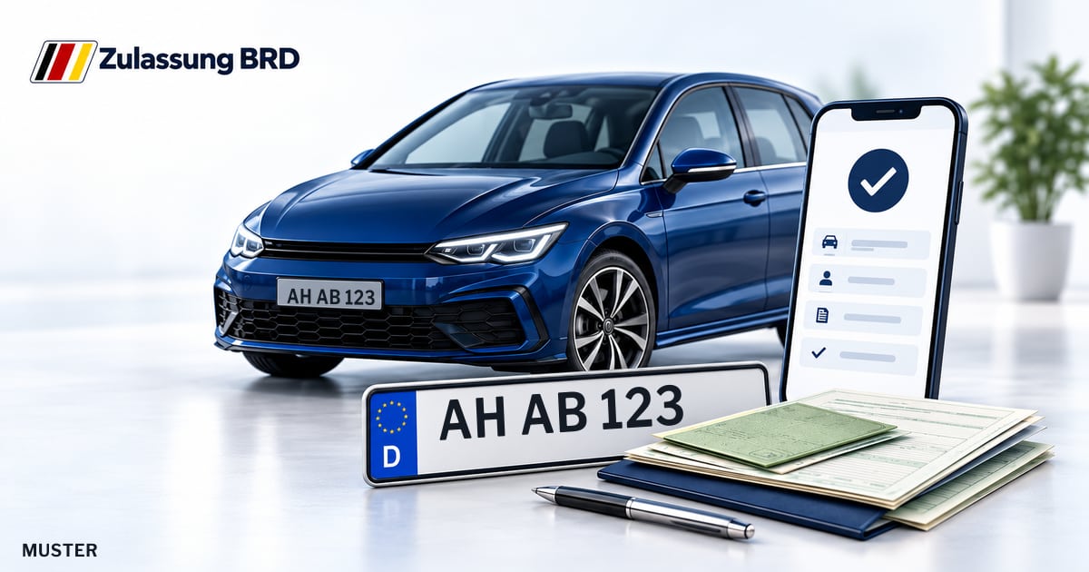 Online Fahrzeugzulassung in Velen: Musterkennzeichen AH AB 123, Auto und Fahrzeugpapiere und Smartphone. Illustration mit Logo von Zulassung BRD.